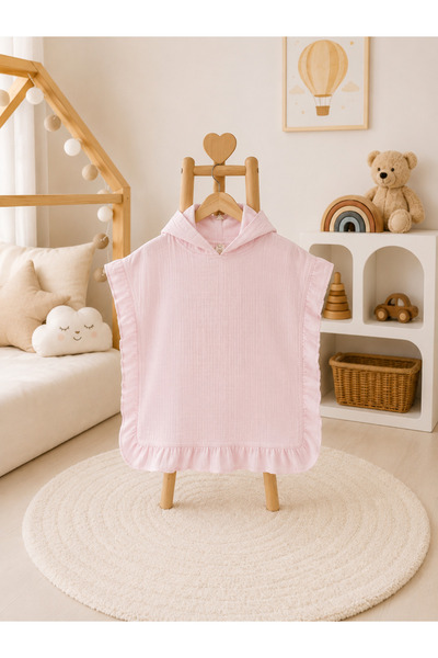 SALLHOMEE Sallhome Baby Açık Pembe Fırfırlı Kapüşonlu Müslin Çocuk Pançosu 2-...