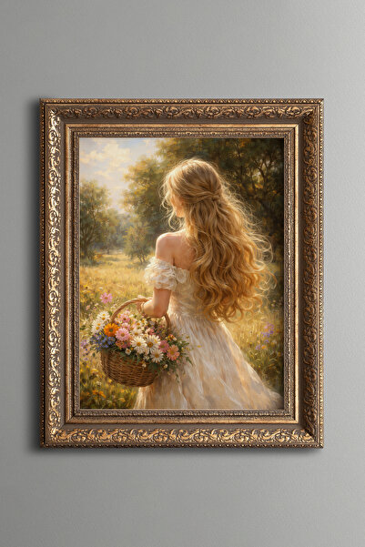epiqart فتاة مع سلة الزهور - لوحة بتصميم عتيق - نموذج سميك