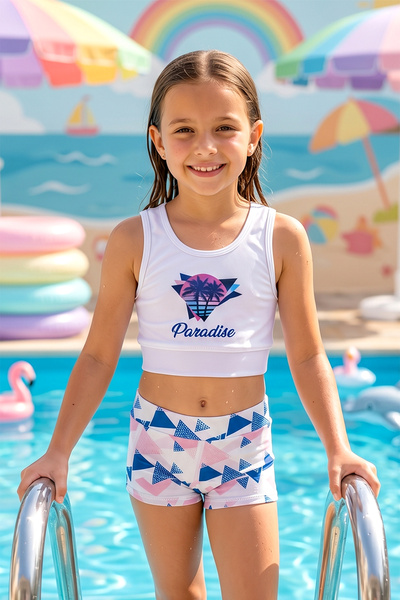 Haliç Mayo Zero Sleeve Top and Shorts Girls' Swimsuit 26218 Powder Pink