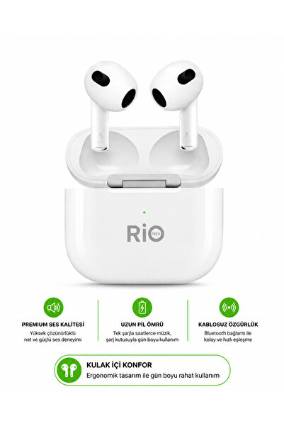 Rio Kablosuz Bluetooth Kulaklık ANC+ENC Hi-Fi Ses Şarj Kutulu Beyaz BT-03 TWS