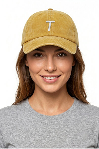 ŞapkaMania Yellow Embroidered Washable Vintage Unisex Hat with Letter t