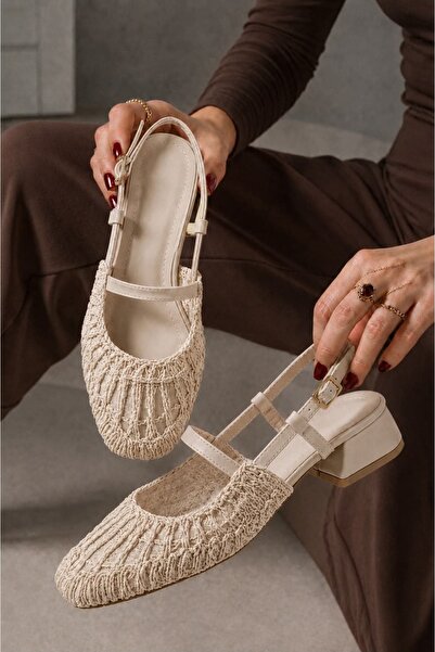 Ayakkabı Consept Women's Straw Weave Detailed Open-Back Heeled Sandals with B...