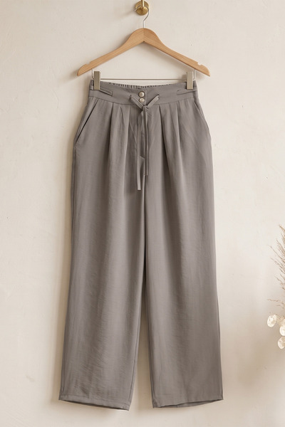 FERHEL Ženske pantalone sa vezanjem, detaljnim kopčanjem, visokim strukom i š...