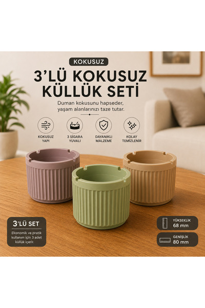 Poliwork 3'lü Kokusuz Küllük Seti Plastik Sigara Küllüğü Yanmaz Plastik Dekor...