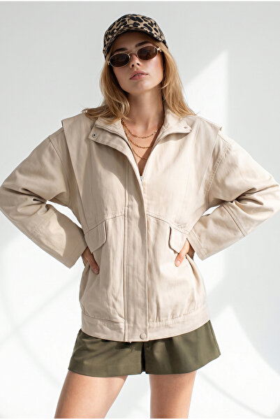 Olalook Women's Oversize Zippered Gabardine Jacket with Stone Pockets and Sho...