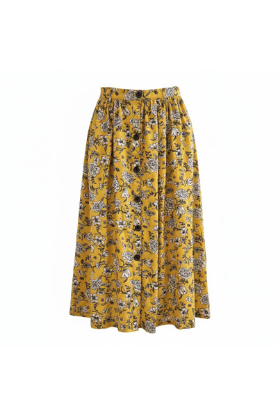 Generic Treasure Island Women's Yellow Floral Button-Down Midi Skirt