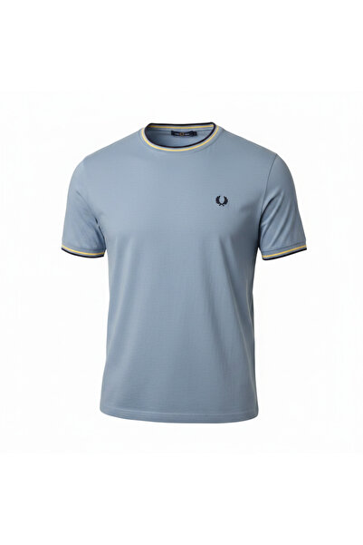 Fred Perry قميص قطني رجالي برقبة دائرية بلون أزرق فاتح مع حواف مطرزة