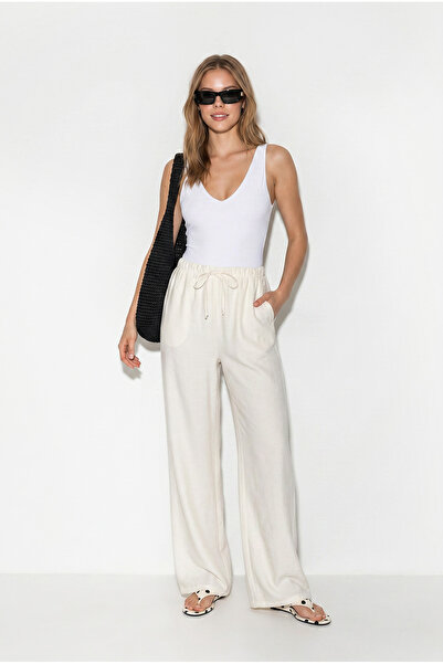 Bianco Lucci Women's Ayrobin Fabric Elastic Waist Tied Pocketed Wide Leg Pant...