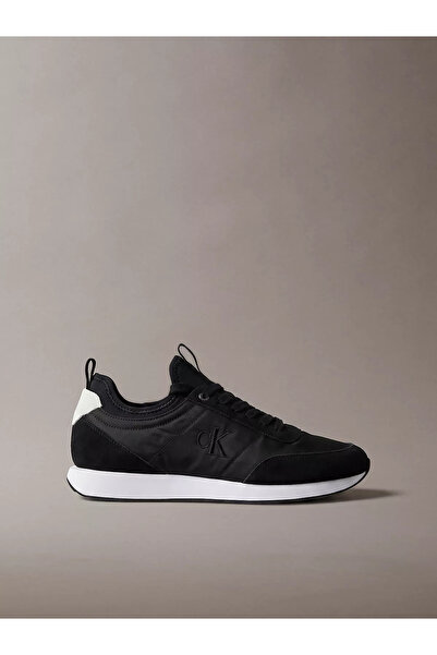 Calvin Klein Erkek Düz Rahat Taban Bağlamalı CK Yazı Desenli Deri Siyah2 Sneaker