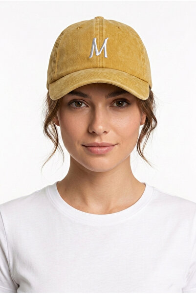 ŞapkaMania Letter m Yellow Embroidered Washable Vintage Unisex Hat