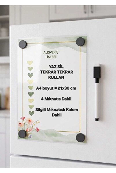 URDE Yaz Sil Mıknatıslı Alışveriş Listesi Magnet A4 Yeşil Çiçekli Kalpli Magn...