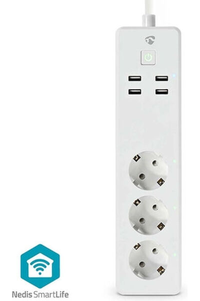 Nedis Έξυπνο πολύπριζο 3 θέσεων με 4 USB-A, διακόπτη και καλώδιο 1.8μ. Κωδικό...