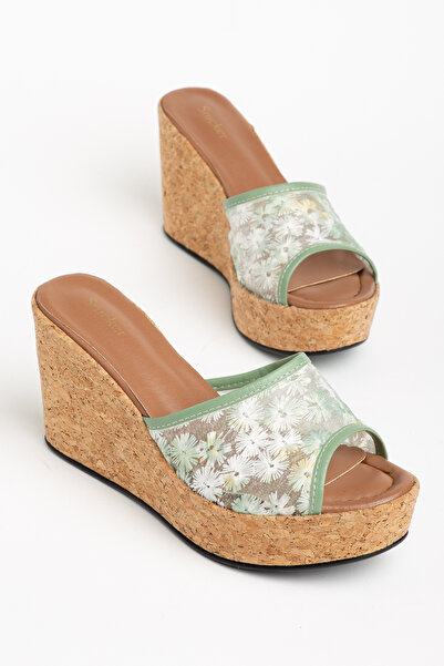 SNİCKER Embroidered Flower Embroidery on Mesh, Cork Covered Slippers, Women's...