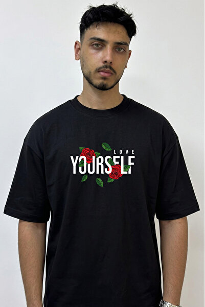 Anetos Rose Love Yourself Design Printed Oversize Black T-Shirt