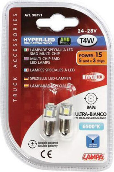 Lampa Λάμπες Αυτοκινήτου Hyper-LED Ισχύος 15 Λευκές T4W LED 6500K Ψυχρό Λευκό...