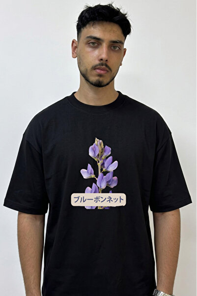 Anetos Bluebonnet Design Printed Oversize Black T-Shirt