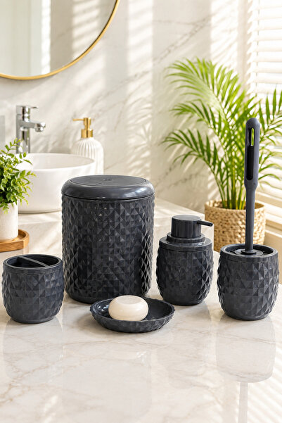 Karçiçeği Home Diamond Series 5 Piece Bathroom Set – Touch Click Trash Can, S...