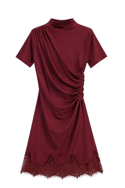 Vadon 1018 Women's Half Turtleneck Side Gathered Lace Detailed Mini Dress Burgundy