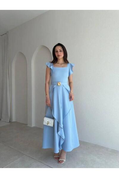 maf collection Women's Baby Blue Square Neck Thick Strap Waist Belt Detailed ...
