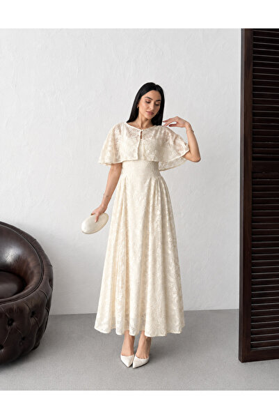 Şayse Design Pelerinli Jakarlı Dantel Abiye Elbise-Söz,Nişan ve Nikah Elbisesi