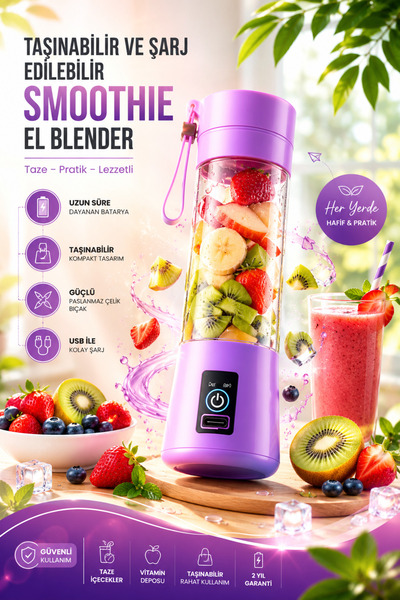 ÖZDELMARKT USB Şarjlı Portatif Blender 380 ml Paslanmaz Çelik Bıçaklı Smoothi...