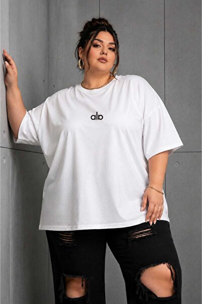 ZAVIXO Kadın Oversize Basic Minimal Logo Baskılı Tişört Bisiklet Yaka Salaş G...