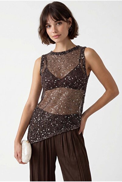 Mixray 2130 Women's Sequined Transparent Asymmetrical Slit Mesh Blouse Brown