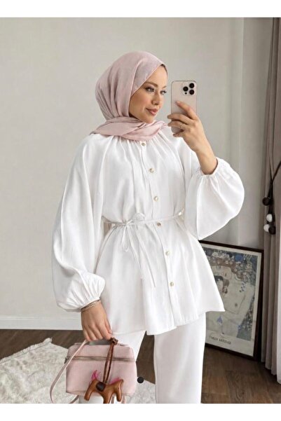 onlymoon Reglan Kol Oversize Bel Bağlamalı Tesettür Gömlek Kadın Beyaz Salaş ...