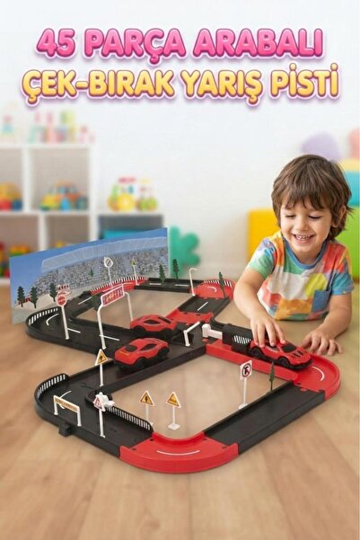 Tıfıl Toys 45 Parça 2 Taşıtlı Çek-Bırak Fırlatıcılı Eğlenceli Yol Seti DIY Oy...