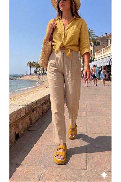 Oneka Shoes صندل نسائي يومي بإبزيم من جلد الغزال الأصفر 122706SAFS1402