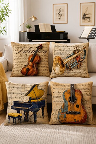 EVPANYA Eskitme Müzik Aletleri Desenli 4'Lü Kırlent Kılıfı Seti