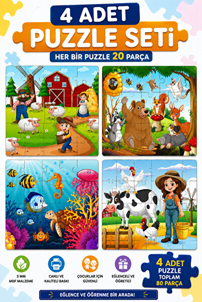 PANDA SOKAĞI 4 Parçalı Montessori Ahşap Puzzle Seti – 2‑3 Yaş Eğitsel Oyun