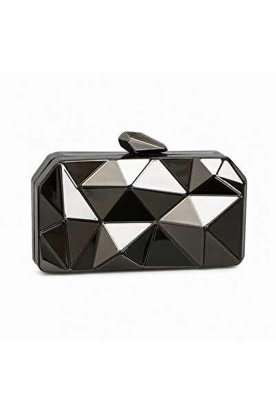 Mirel çanta KADIN METAL ÜÇGEN DETAYLI CLUTCH ABİYE EL VE OMUZ ÇANTASI ANTRASİT