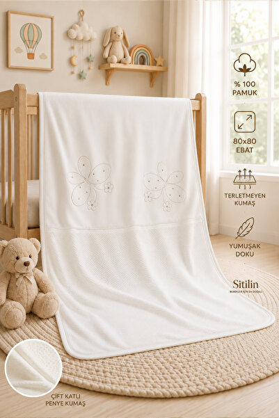 Sitilin Kız Erkek Bebek Çift Katlı %100 Pamuk Natural Penye Battaniye 80x85 P...