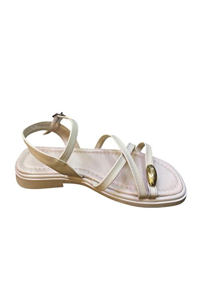 güven kundura Flat Non-Slip Sole Sandals with Straps and Stone Detail