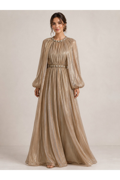 Hennin Collar and Belt Stone Embellished Evening Dress
