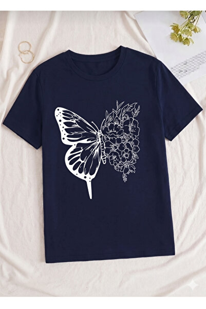 UNCİA OUTDOORS Women's Butterfly Print Oversized Crew Neck T-Shirt