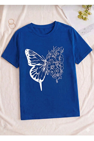 UNCİA OUTDOORS Women's Butterfly Print Oversized Crew Neck T-Shirt