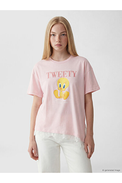 LC Waikiki Tricou de damă cu imprimeu Tweety și detalii din dantelă