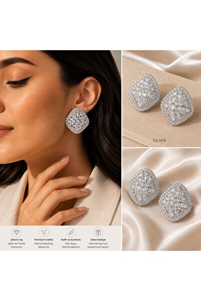 zirkon Silver Taşlı Geometrik Küpe – Işıltılı Büyük Boy Kadın Abiye Küpe