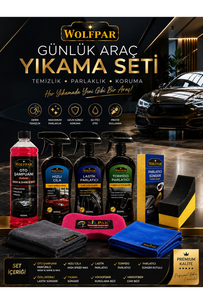 WOLFPAR GÜNLÜK ARAÇ YIKAMA SETİ(OTO ŞAMPUANI +HIZLI CİLA+LASTİK PARLATICI+TOR...