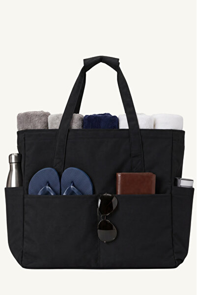 woys 2 Years Warranty - Large Size Black Unisex Beach Bag with Multiple Compa...