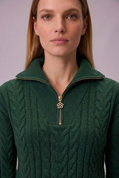 odelon Women's Hair Knitted Half Zipper Bato Collar Wool Knitwear Sweater Khaki