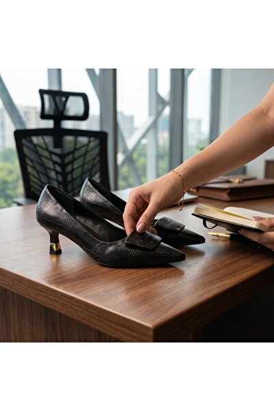 Verla Stylish Thin Heel 5.5 cm Neolite Sole Leather Patterned Classic Shoes w...