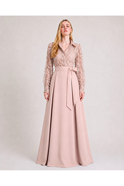 UNTIMELY Lace Top & Skirt Crepe Powder Maxi Shirt Dress