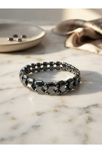 Meneva Aksesuar Zigzag and Sphere Cut Hematite Natural Stone Bracelet