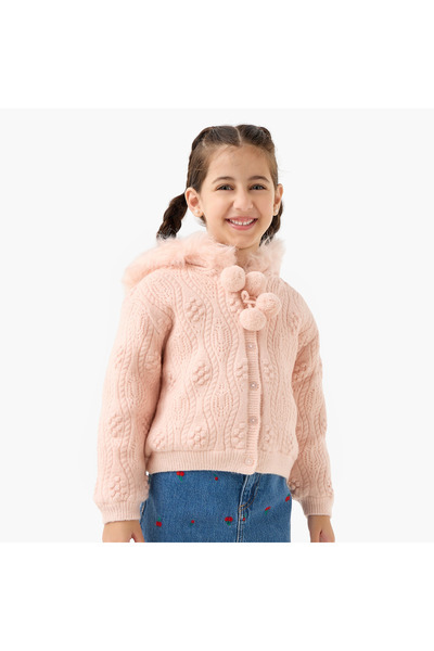Juniors Textured Hooded Cardigan with Long Sleeves