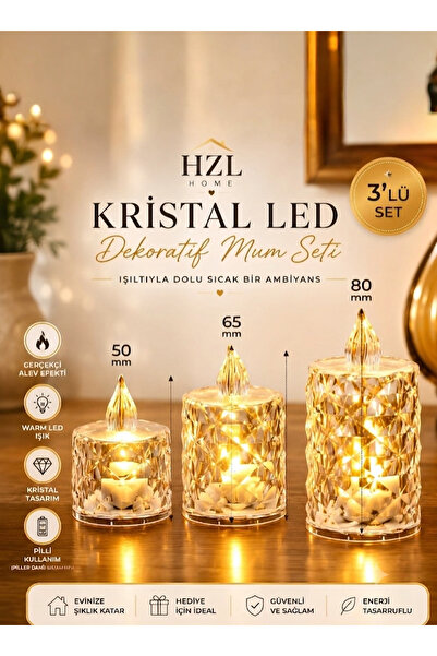 HZL HOME Kristal Tasarım 3'lü Led Mum Seti - Warm Işık Pilli Dekoratif Mum