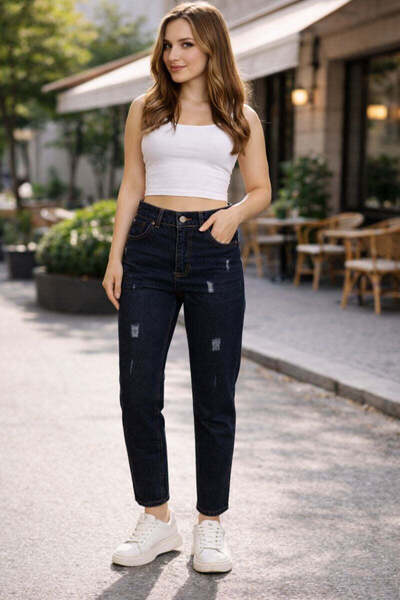 MODEN Women's Dark Blue Boyfriend-Mom Fit Jeans