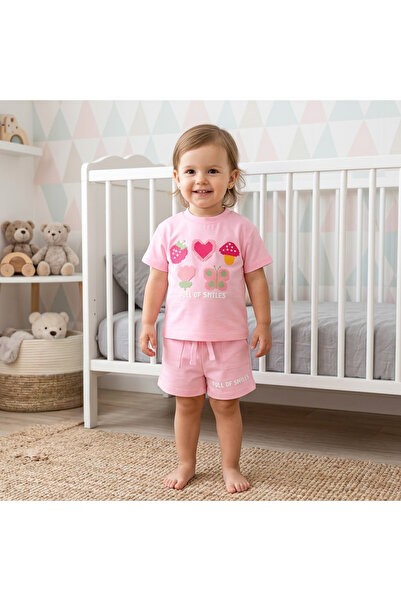 RCB Compleu Fetițe model Full of Smiles, Tricou și Șort Roz, Imprimeu Pixel Art